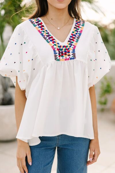 Printed V-Neck Puff Sleeve Top.