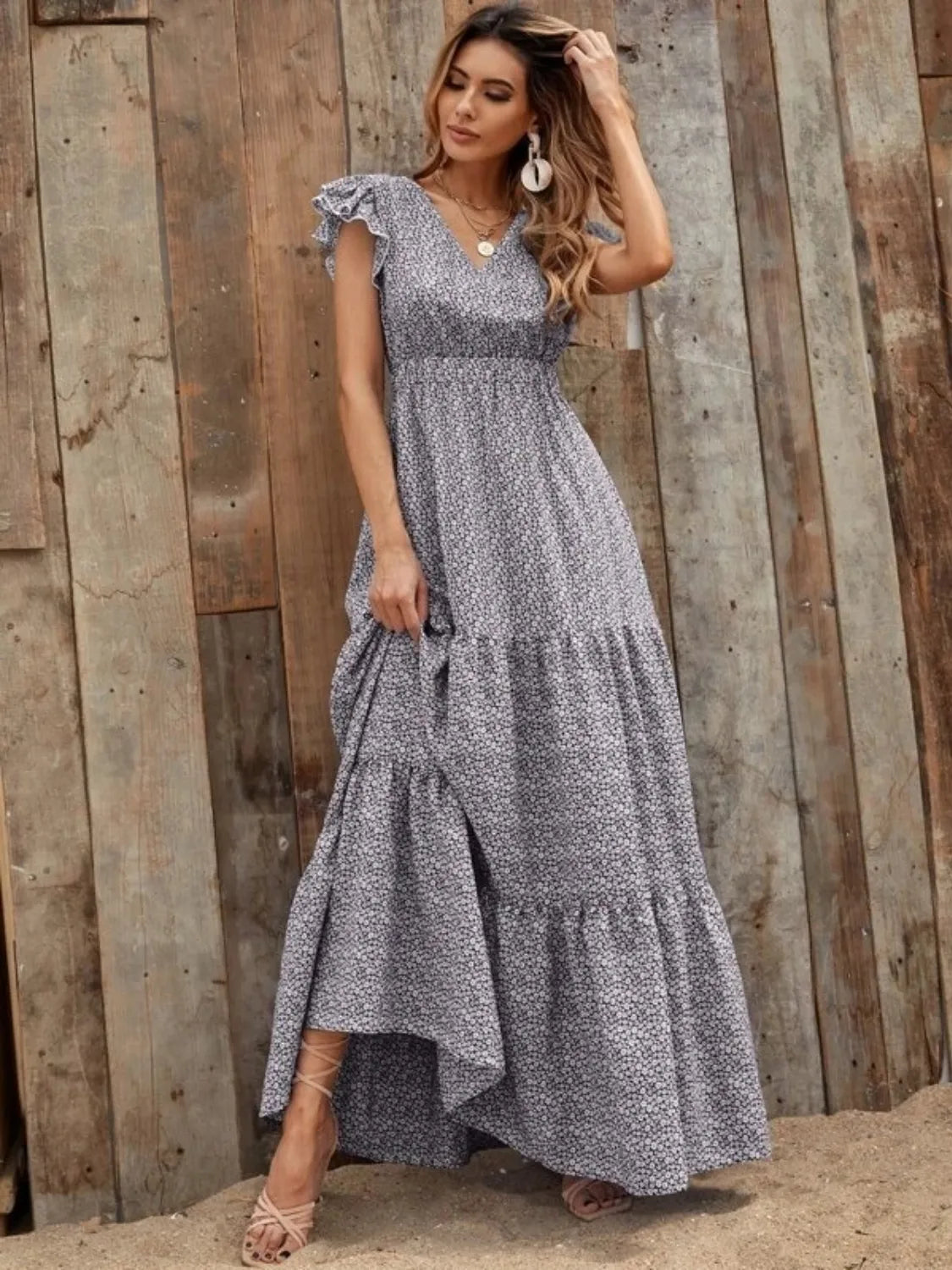 Printed V-Neck Ruffled Cap Sleeve Maxi Dress.