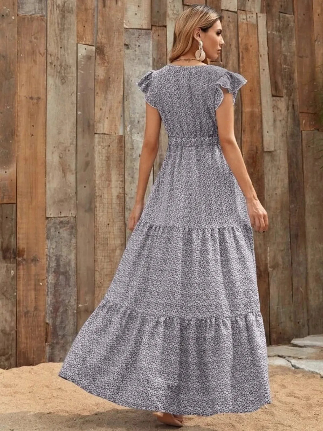 Printed V-Neck Ruffled Cap Sleeve Maxi Dress.