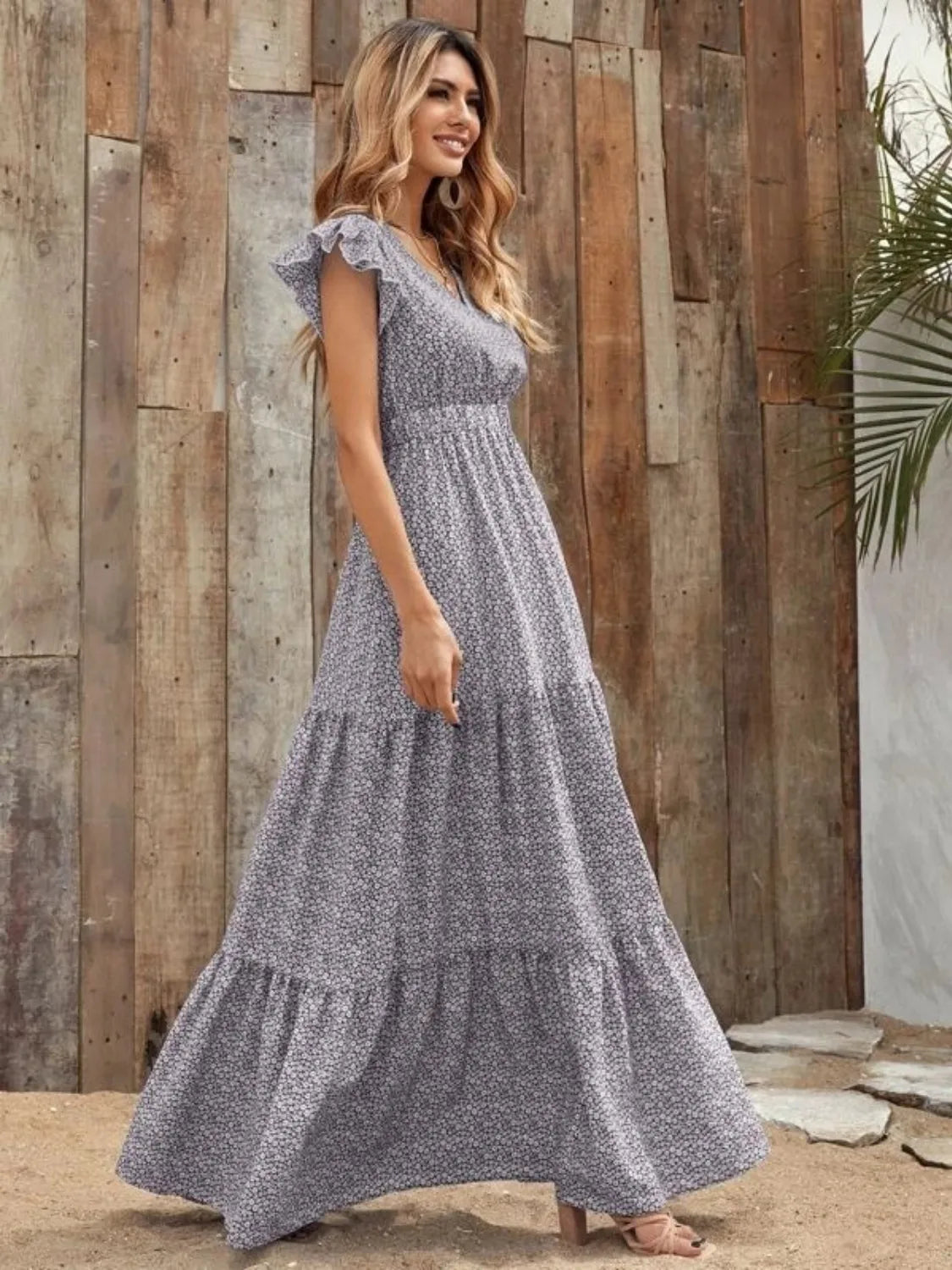 Printed V-Neck Ruffled Cap Sleeve Maxi Dress.