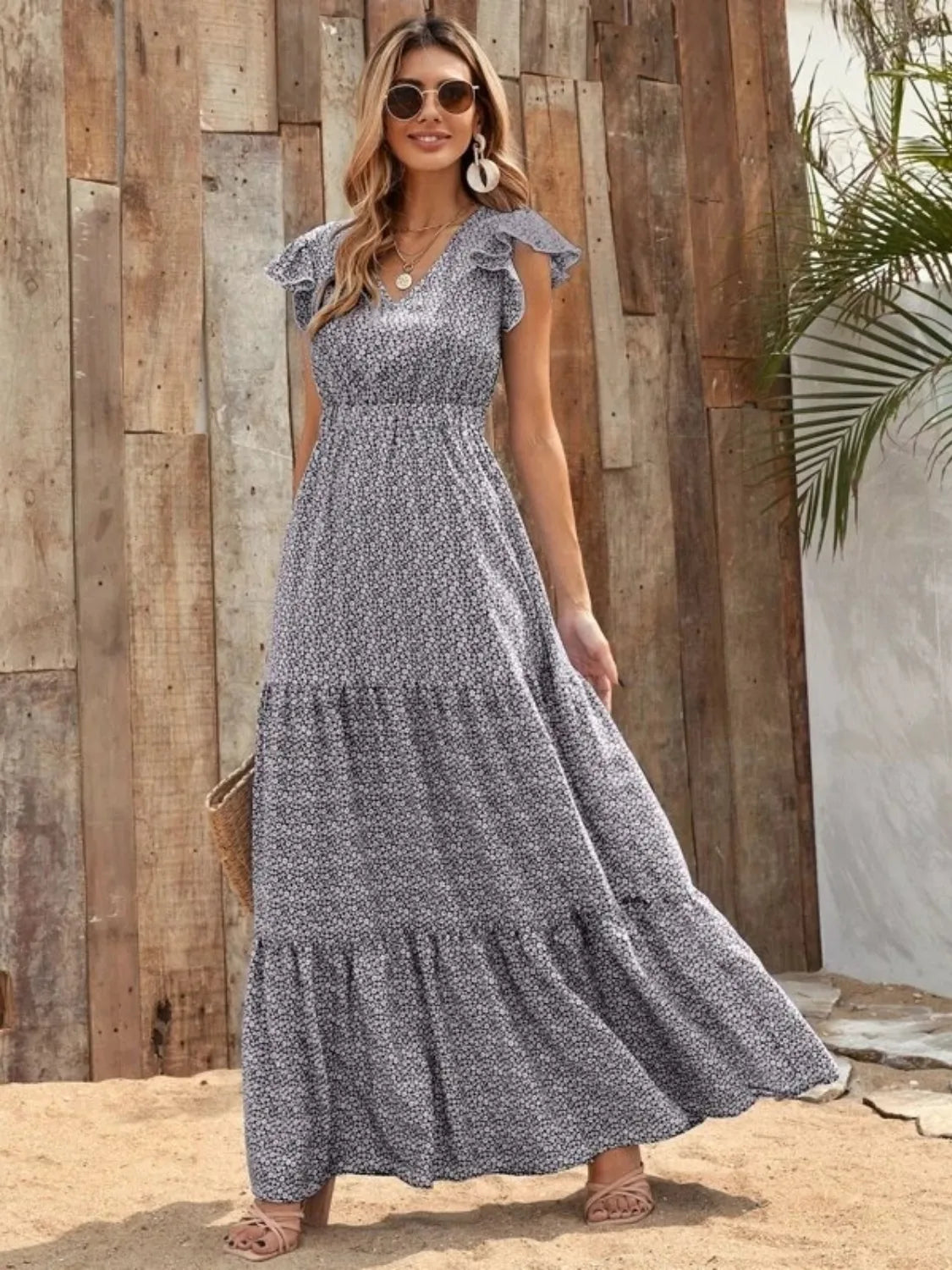 Printed V-Neck Ruffled Cap Sleeve Maxi Dress.
