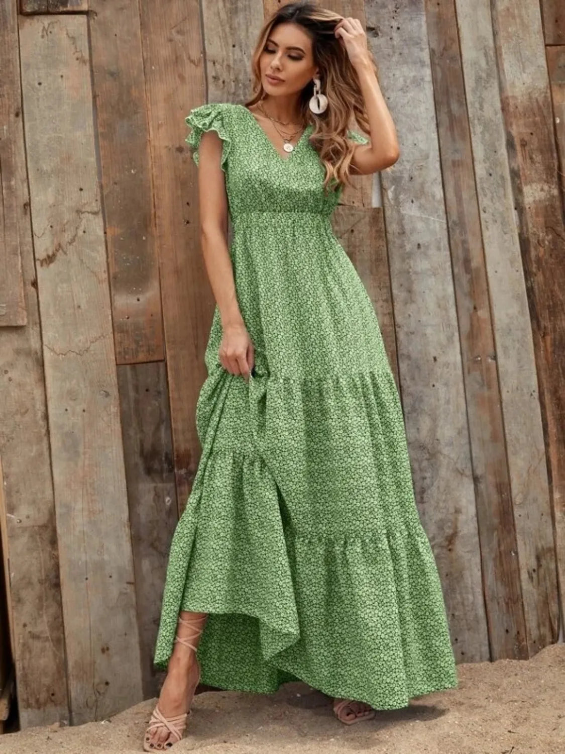 Printed V-Neck Ruffled Cap Sleeve Maxi Dress.