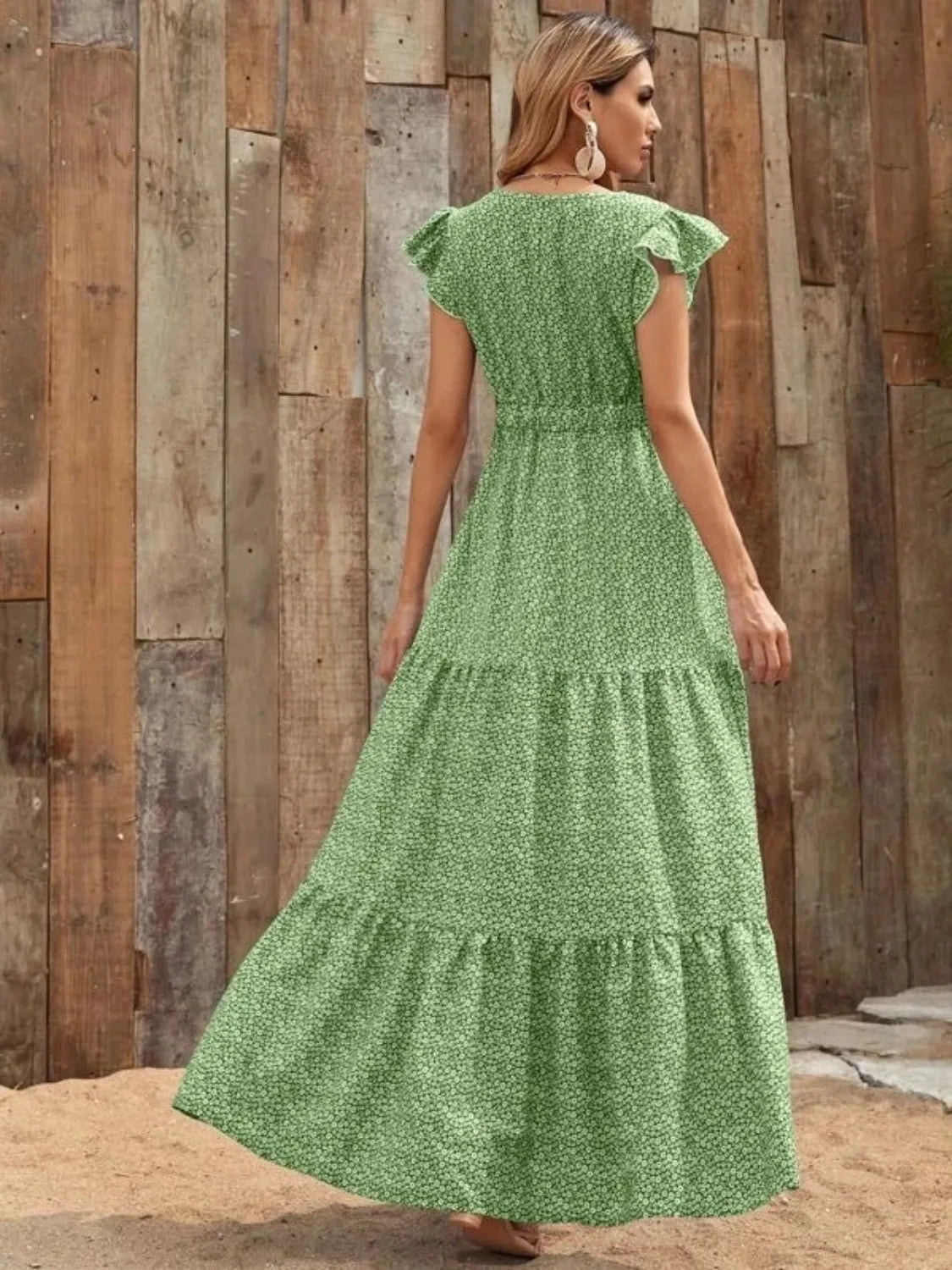 Printed V-Neck Ruffled Cap Sleeve Maxi Dress.