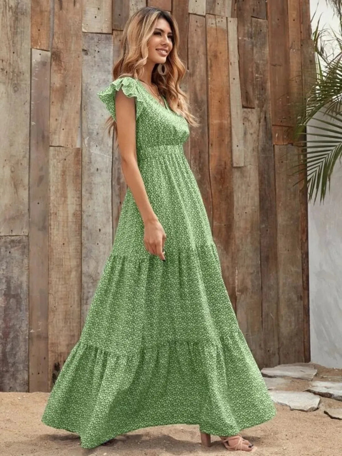 Printed V-Neck Ruffled Cap Sleeve Maxi Dress.