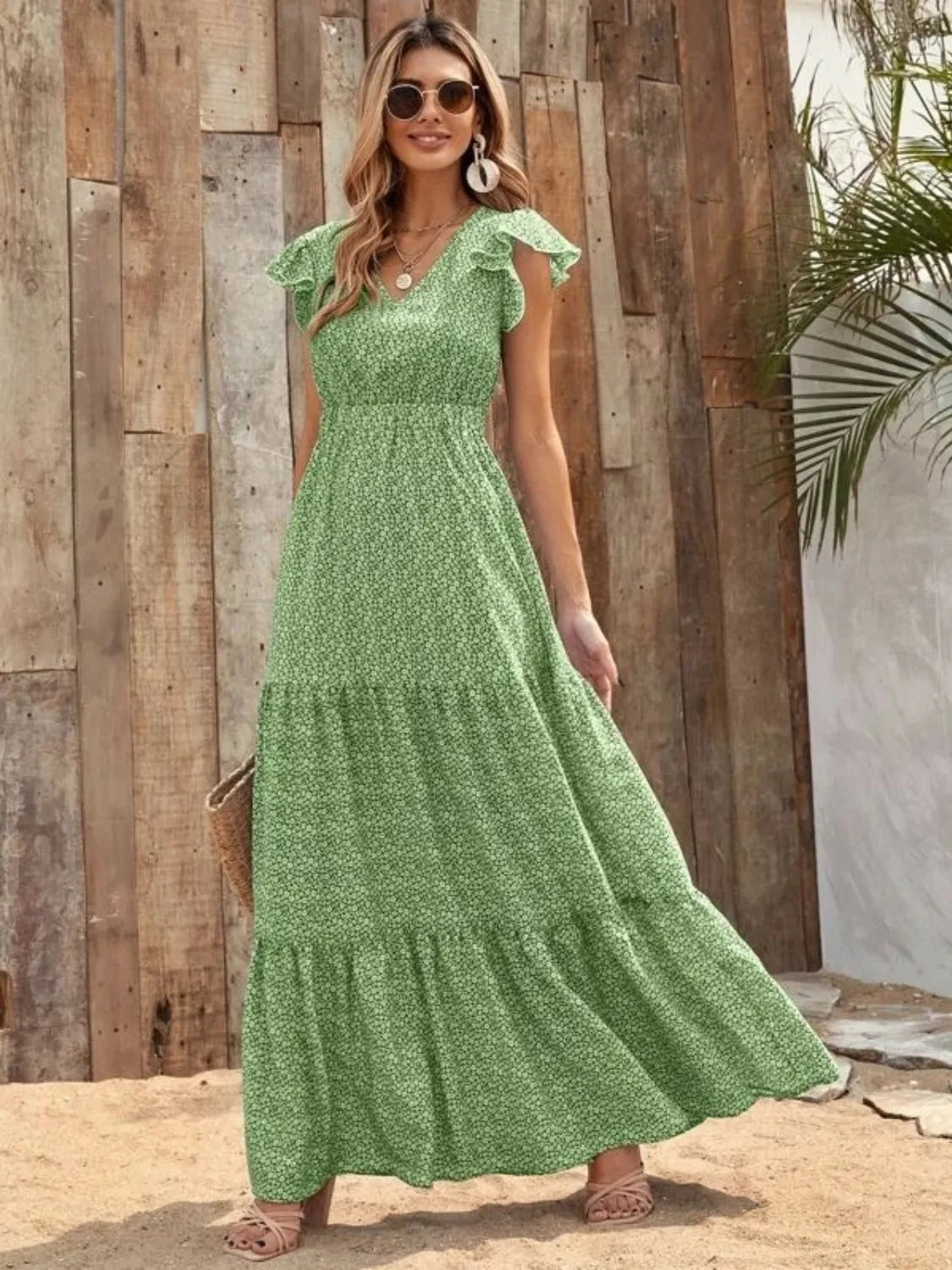 Printed V-Neck Ruffled Cap Sleeve Maxi Dress.