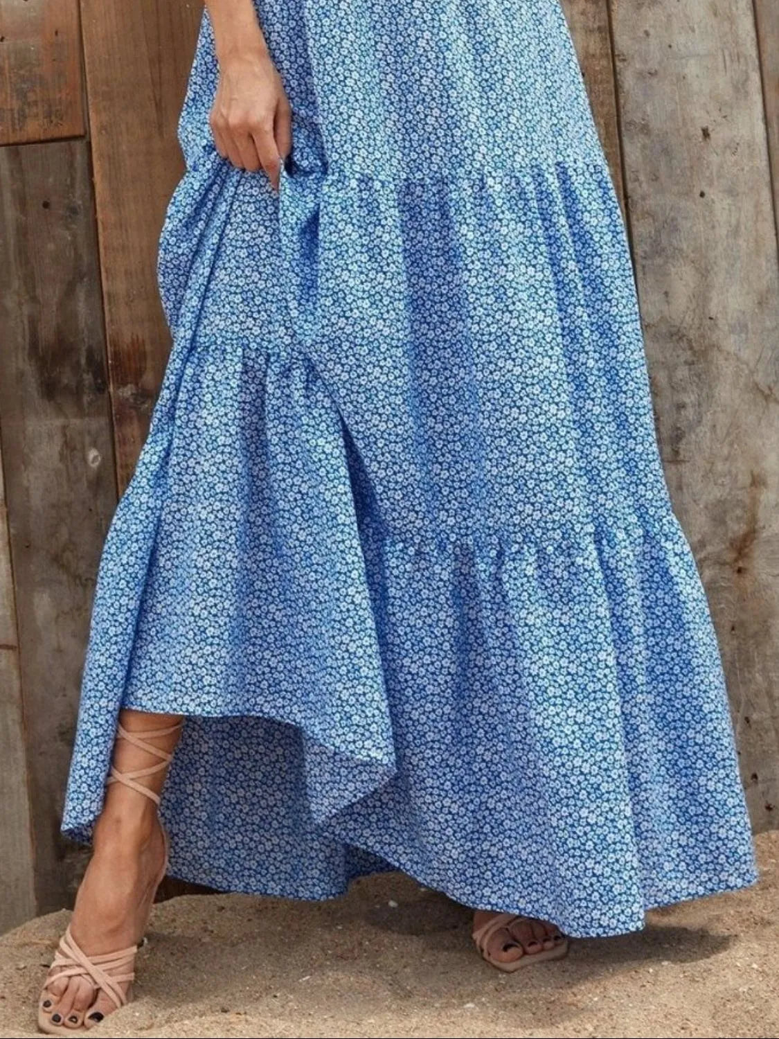 Printed V-Neck Ruffled Cap Sleeve Maxi Dress.