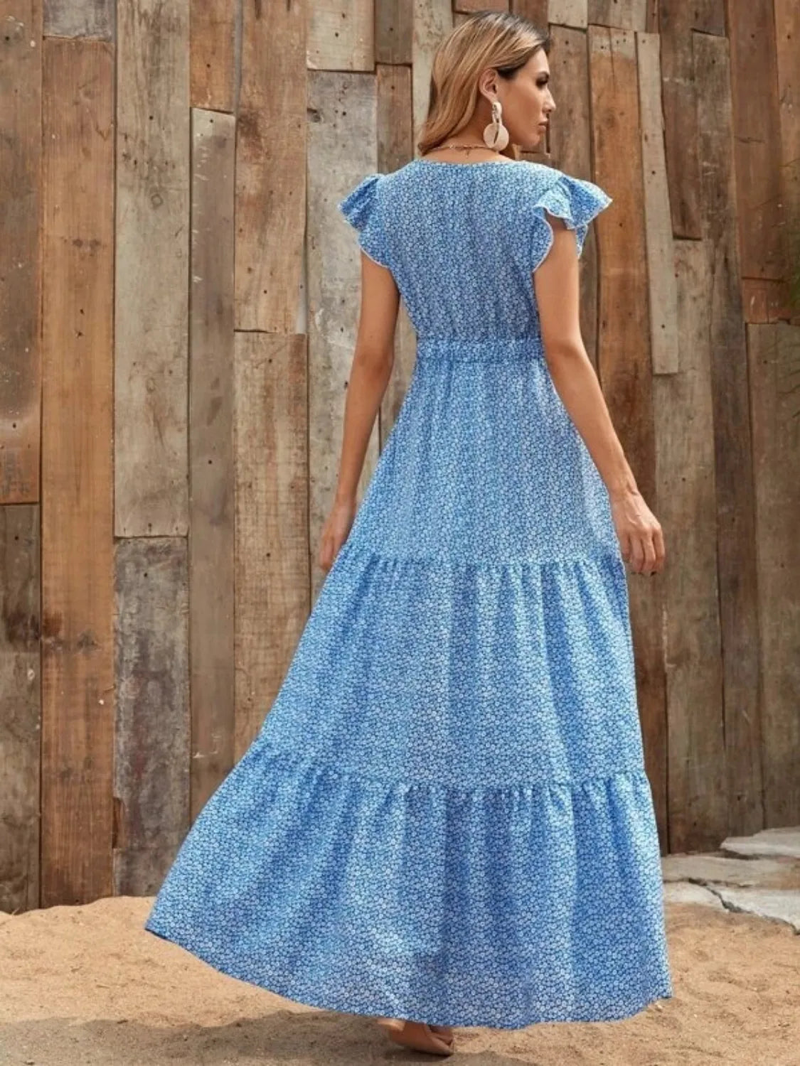 Printed V-Neck Ruffled Cap Sleeve Maxi Dress.