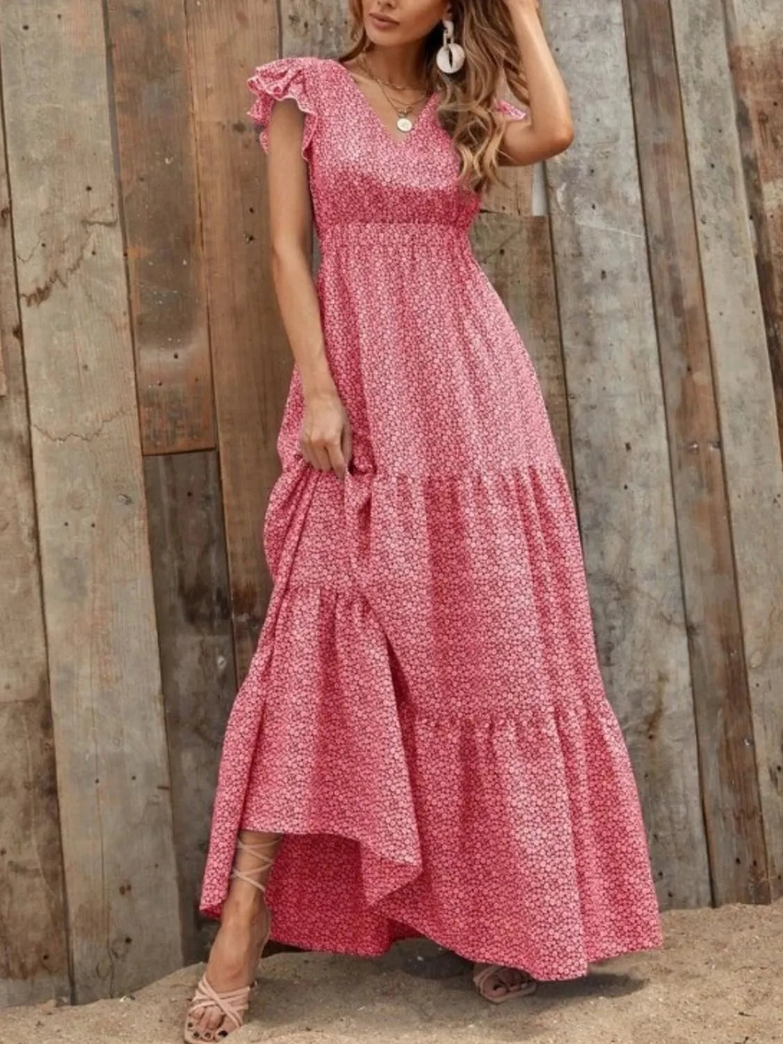 Printed V-Neck Ruffled Cap Sleeve Maxi Dress.