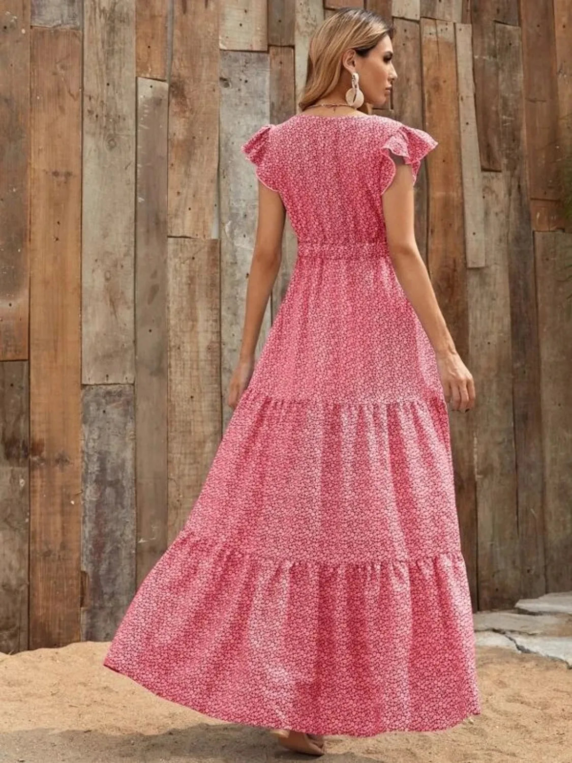 Printed V-Neck Ruffled Cap Sleeve Maxi Dress.