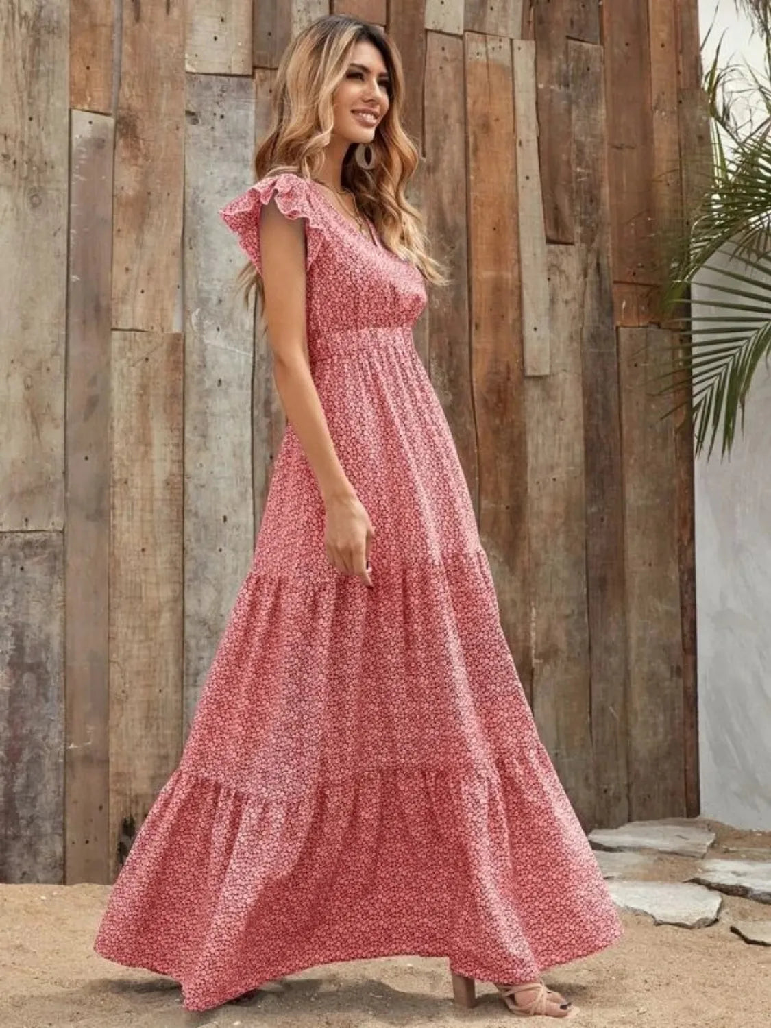 Printed V-Neck Ruffled Cap Sleeve Maxi Dress.