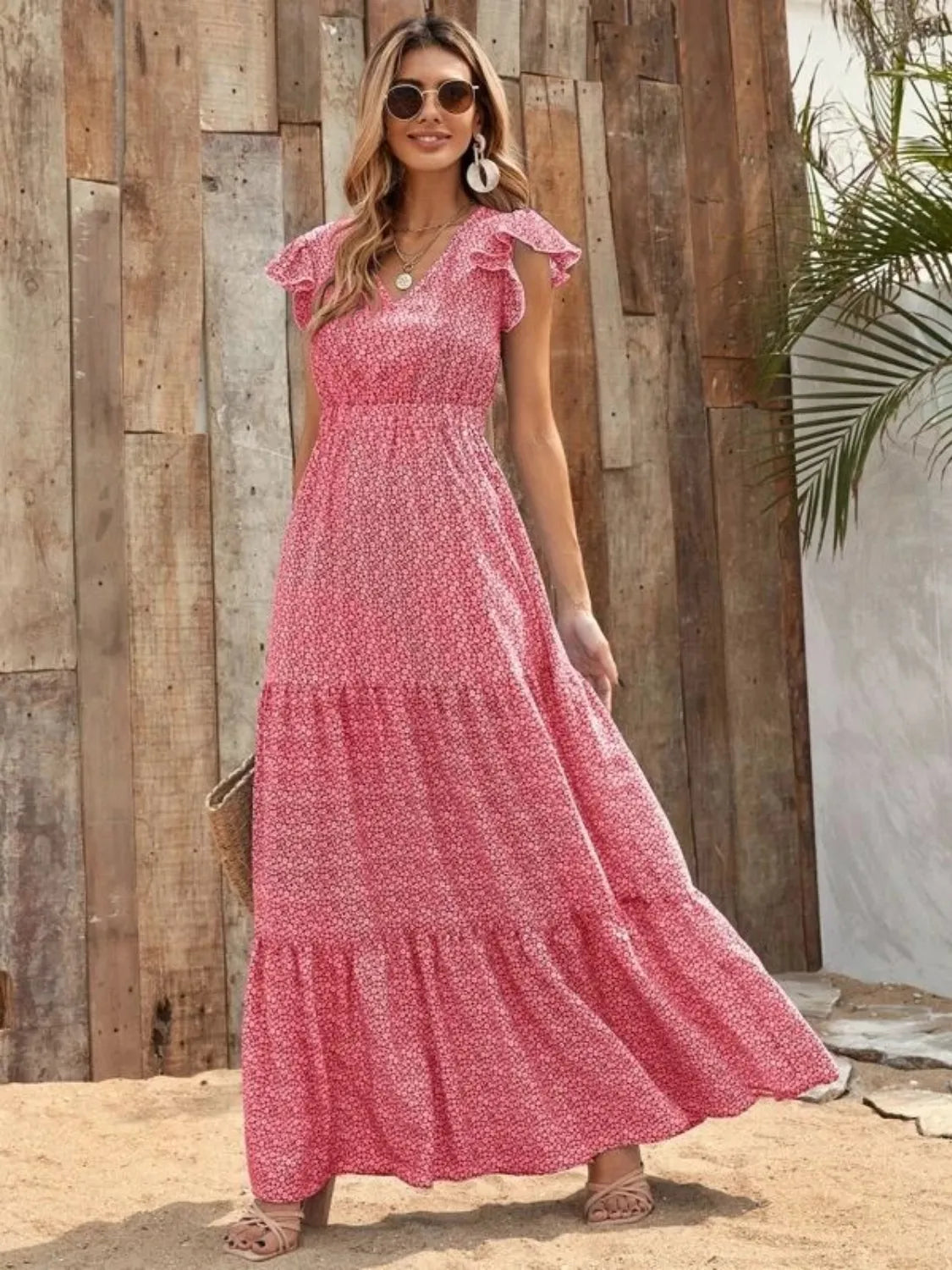 Printed V-Neck Ruffled Cap Sleeve Maxi Dress.