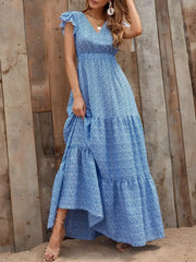 Printed V-Neck Ruffled Cap Sleeve Maxi Dress.