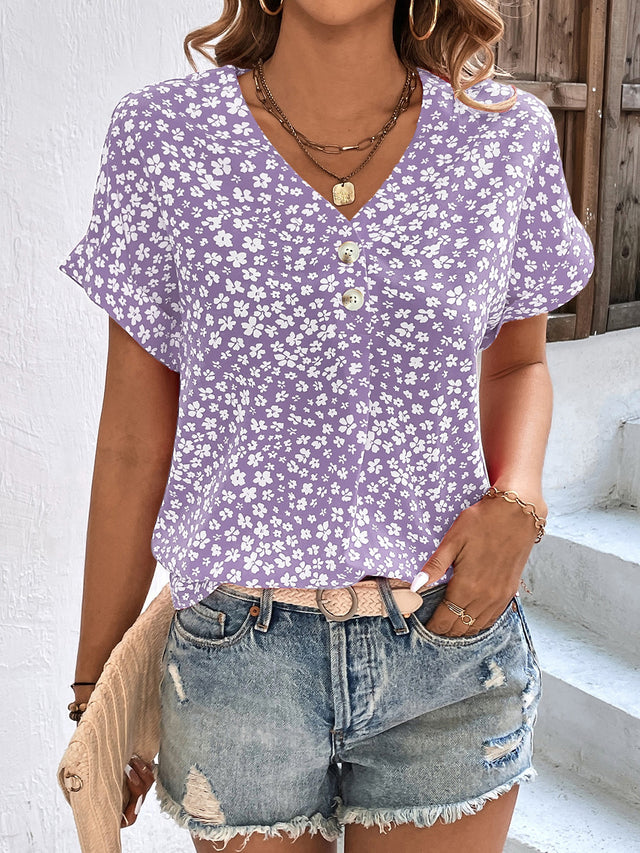 Printed V-Neck Short Sleeve Blouse with Buttoned.