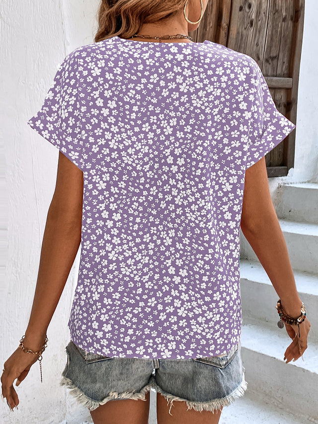 Printed V-Neck Short Sleeve Blouse with Buttoned.