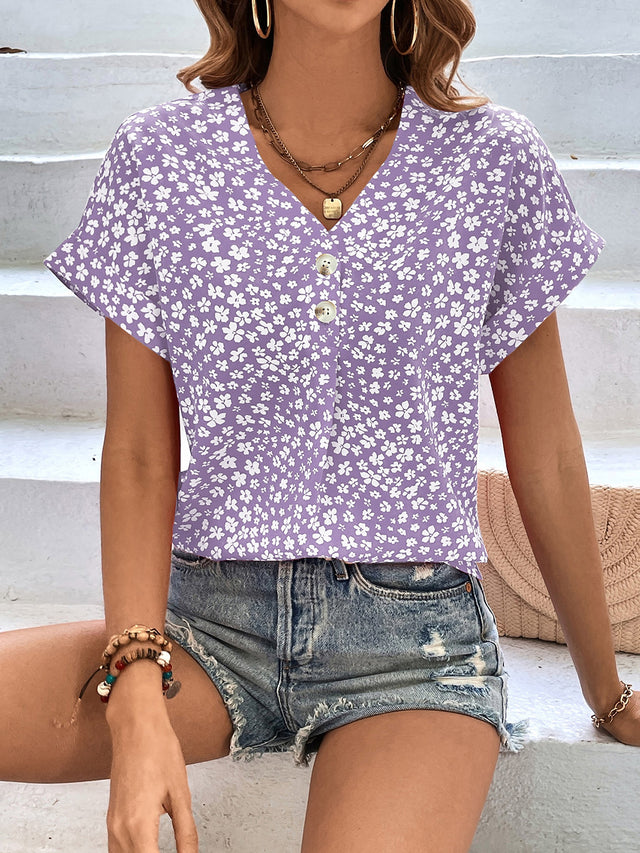 Printed V-Neck Short Sleeve Blouse with Buttoned.