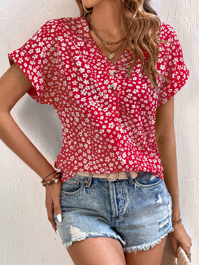 Printed V-Neck Short Sleeve Blouse with Buttoned.