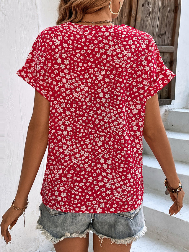 Printed V-Neck Short Sleeve Blouse with Buttoned.