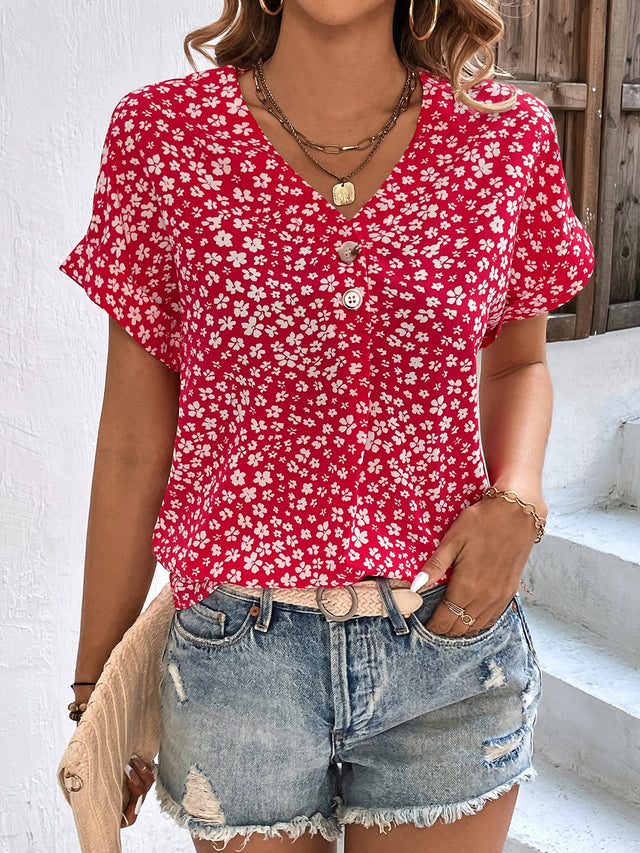 Printed V-Neck Short Sleeve Blouse with Buttoned.