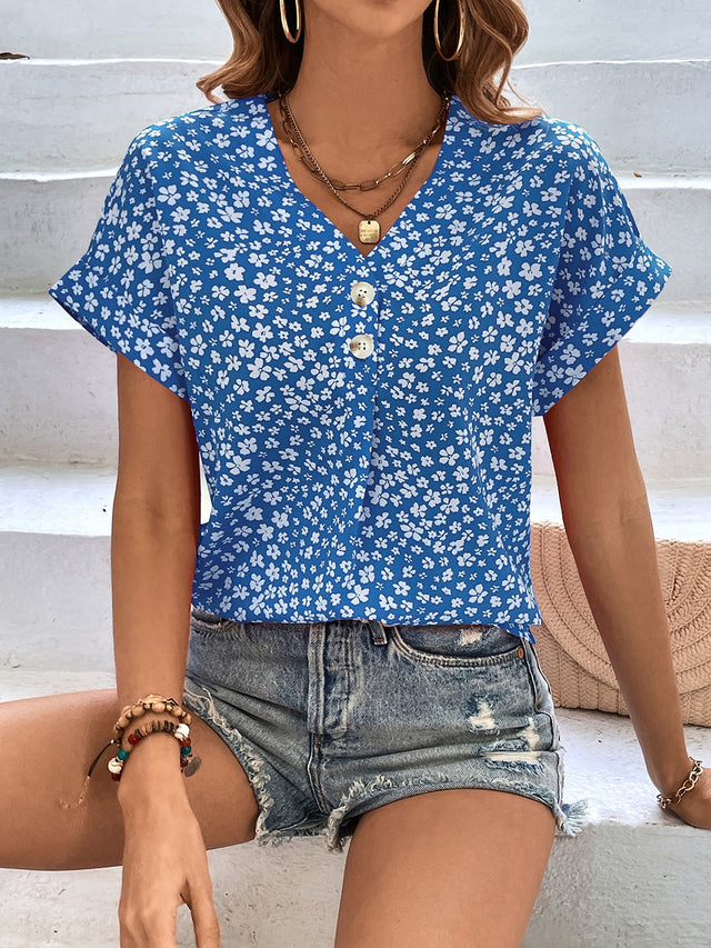 Printed V-Neck Short Sleeve Blouse with Buttoned.
