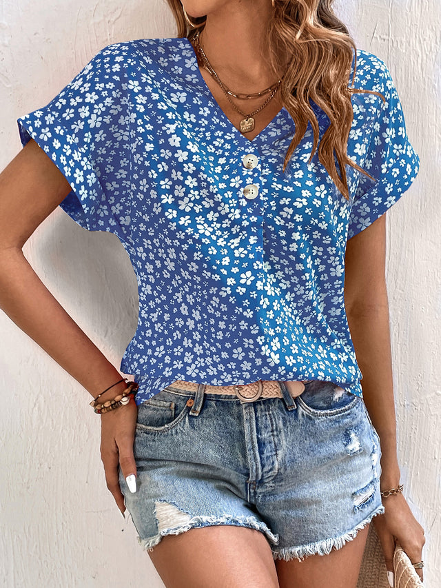 Printed V-Neck Short Sleeve Blouse with Buttoned.