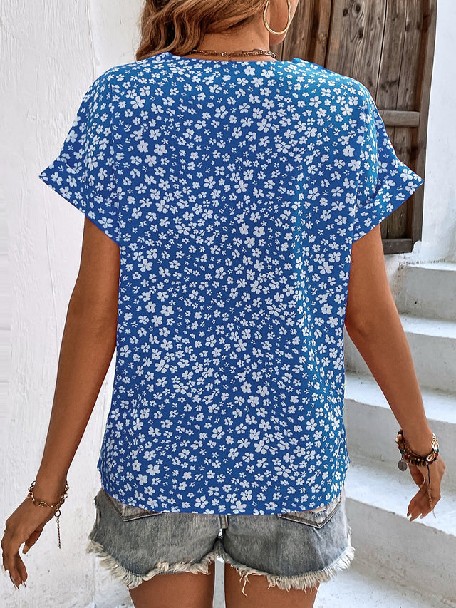 Printed V-Neck Short Sleeve Blouse with Buttoned.