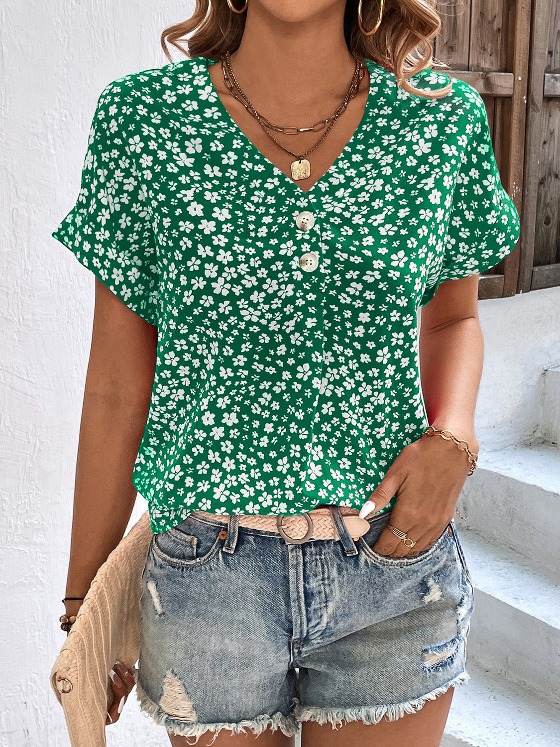 Printed V-Neck Short Sleeve Blouse with Buttoned.