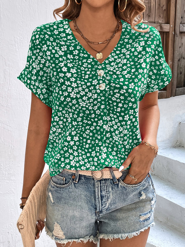 Printed V-Neck Short Sleeve Blouse with Buttoned.