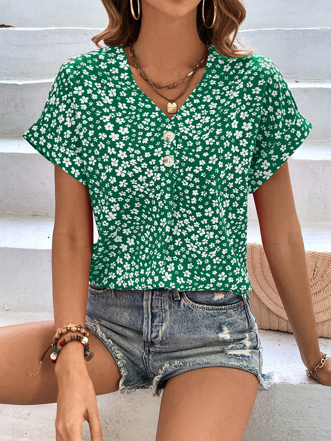 Printed V-Neck Short Sleeve Blouse with Buttoned.