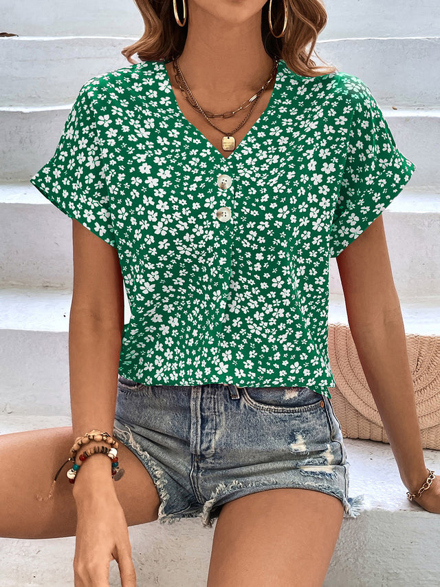 Printed V-Neck Short Sleeve Blouse with Buttoned.