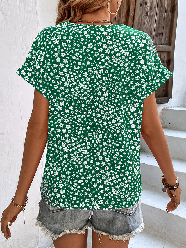 Printed V-Neck Short Sleeve Blouse with Buttoned.