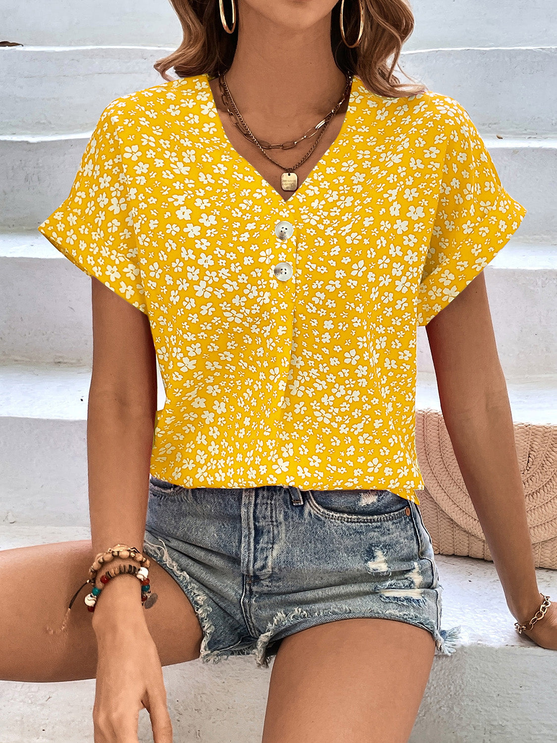 Printed V-Neck Short Sleeve Blouse with Buttoned.