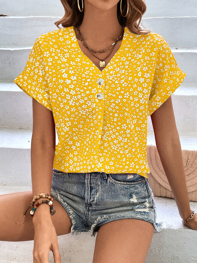Printed V-Neck Short Sleeve Blouse with Buttoned.