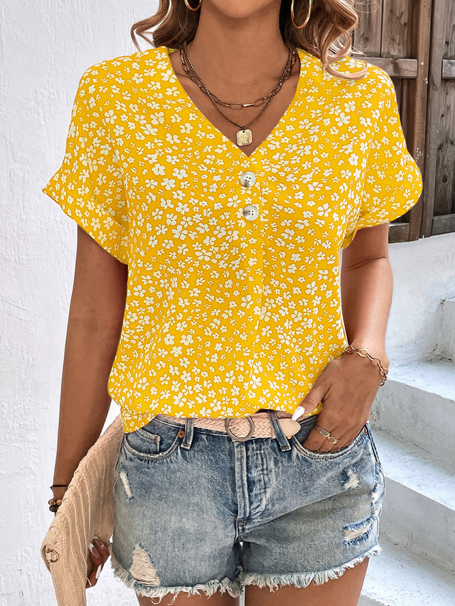 Printed V-Neck Short Sleeve Blouse with Buttoned.