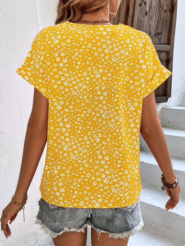 Printed V-Neck Short Sleeve Blouse with Buttoned.