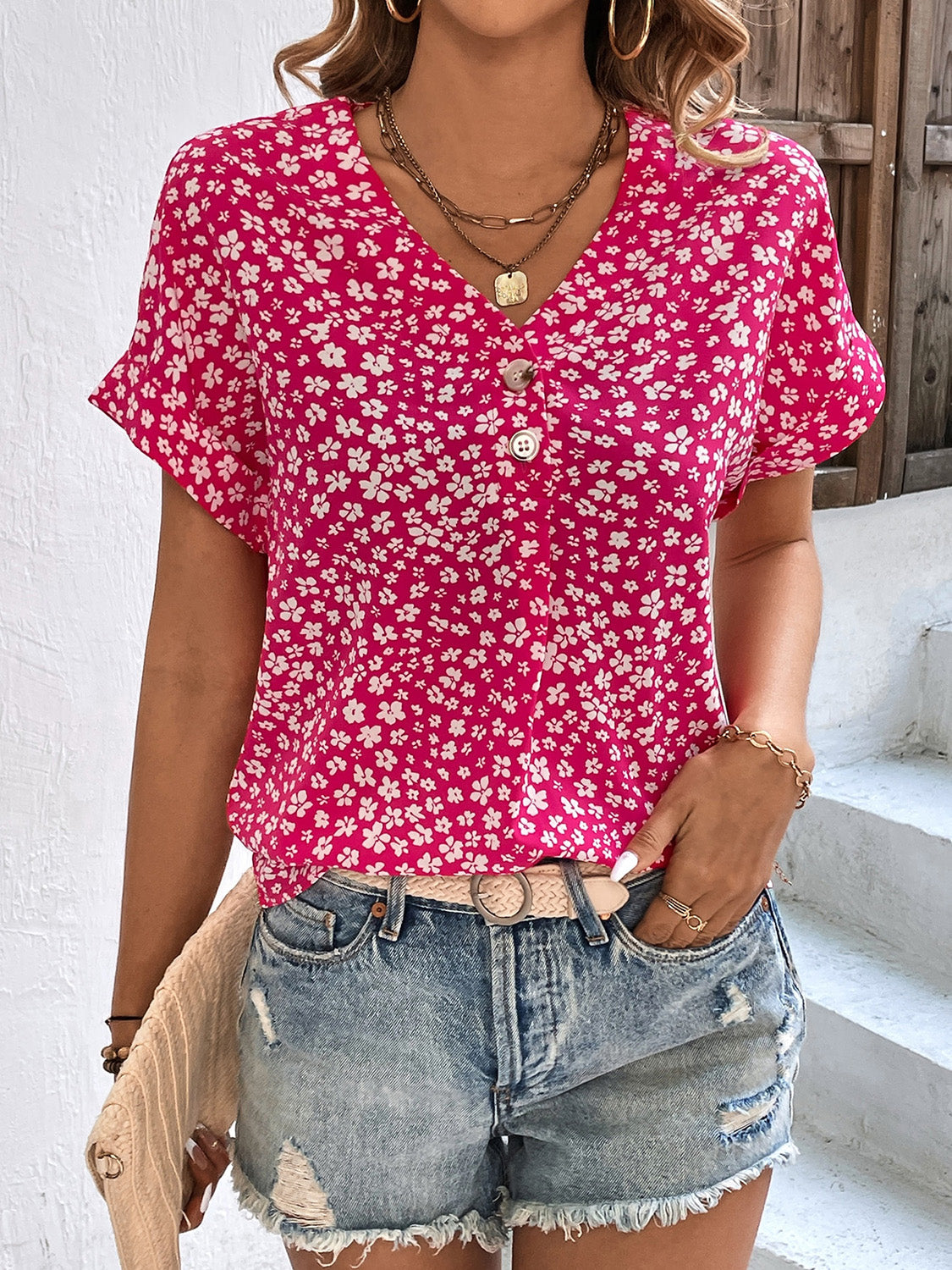 Printed V-Neck Short Sleeve Blouse with Buttoned.