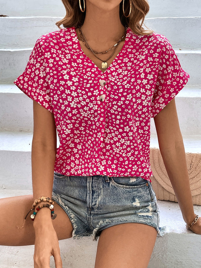 Printed V-Neck Short Sleeve Blouse with Buttoned.