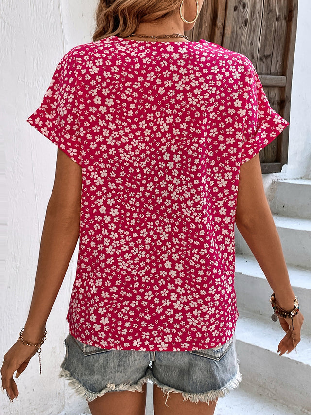 Printed V-Neck Short Sleeve Blouse with Buttoned.