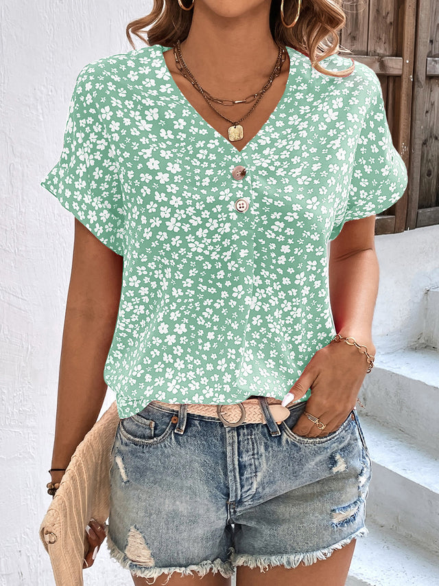 Printed V-Neck Short Sleeve Blouse with Buttoned.