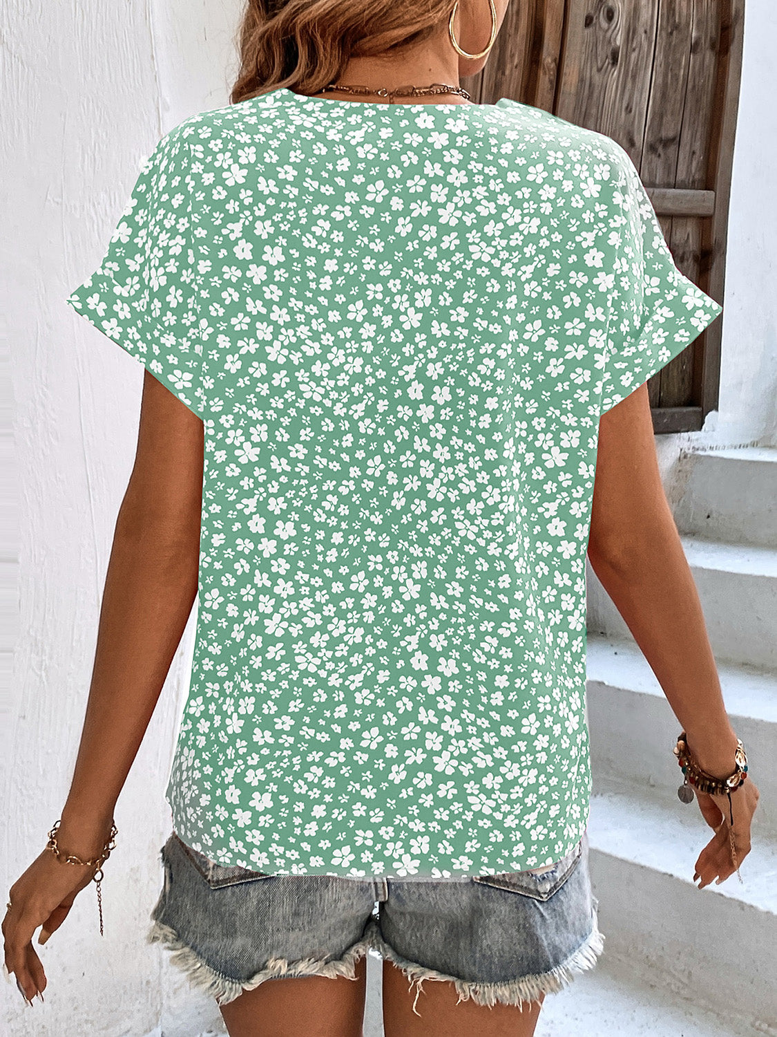 Printed V-Neck Short Sleeve Blouse with Buttoned.