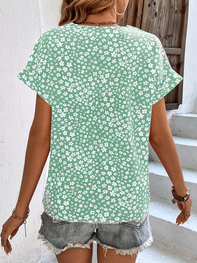 Printed V-Neck Short Sleeve Blouse with Buttoned.