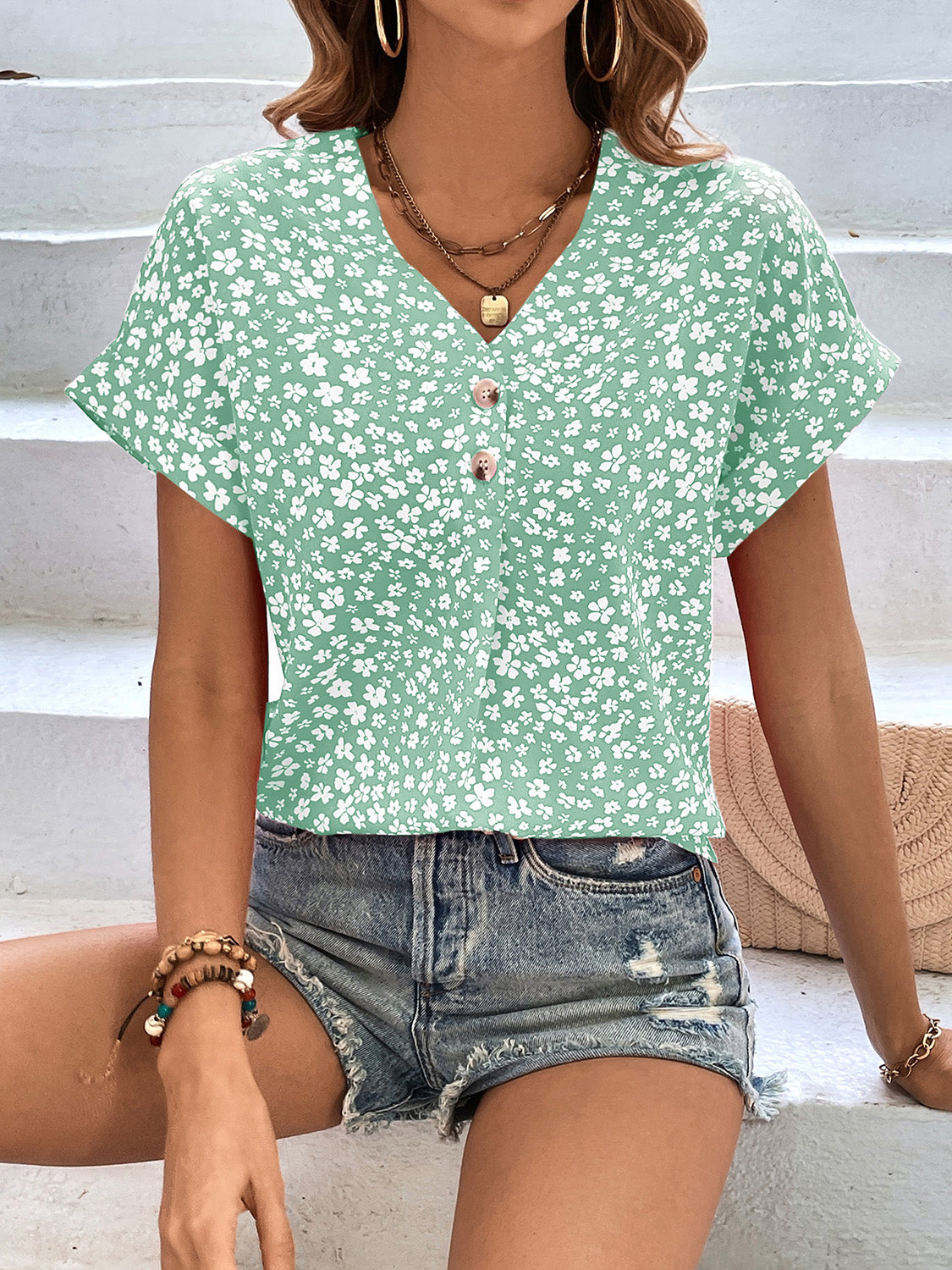 Printed V-Neck Short Sleeve Blouse with Buttoned.