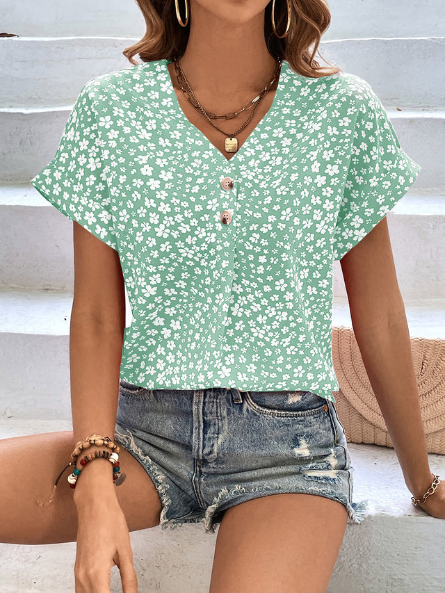 Printed V-Neck Short Sleeve Blouse with Buttoned.