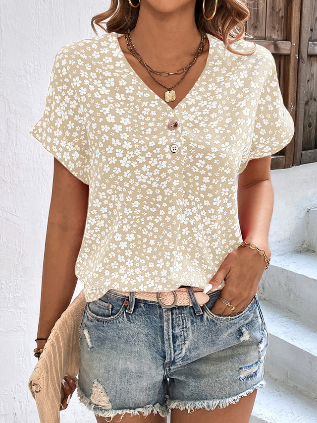 Printed V-Neck Short Sleeve Blouse with Buttoned.