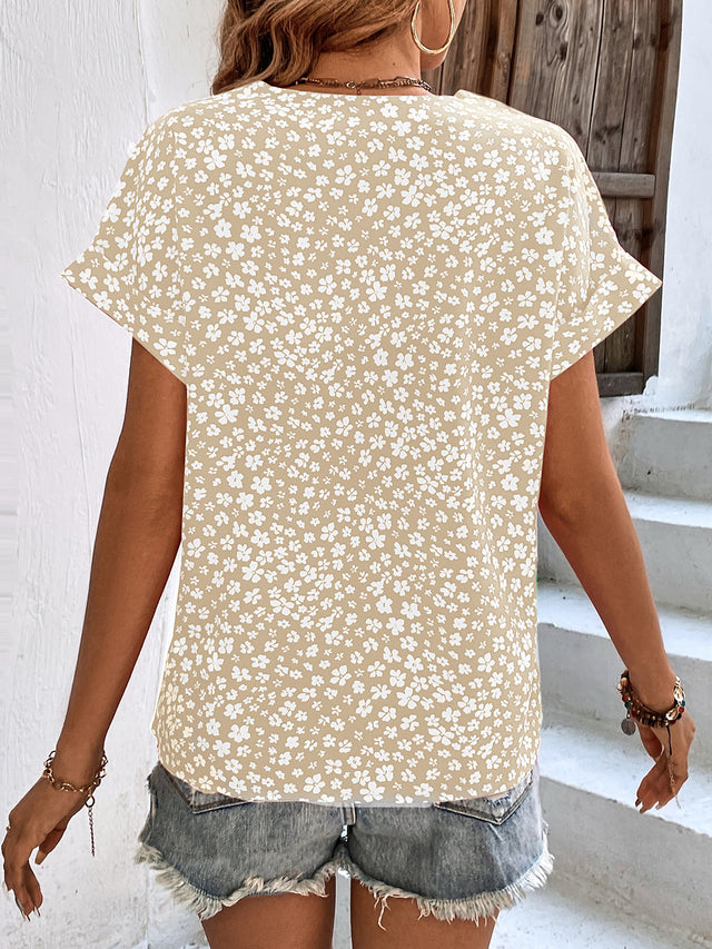 Printed V-Neck Short Sleeve Blouse with Buttoned.