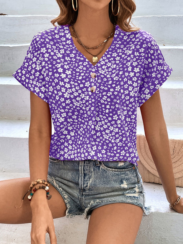 Printed V-Neck Short Sleeve Blouse with Buttoned.