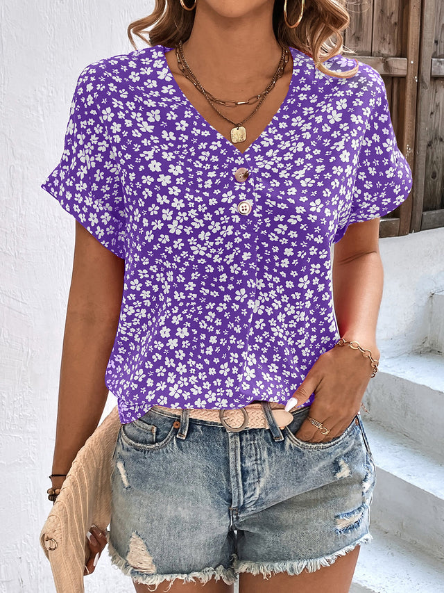 Printed V-Neck Short Sleeve Blouse with Buttoned.