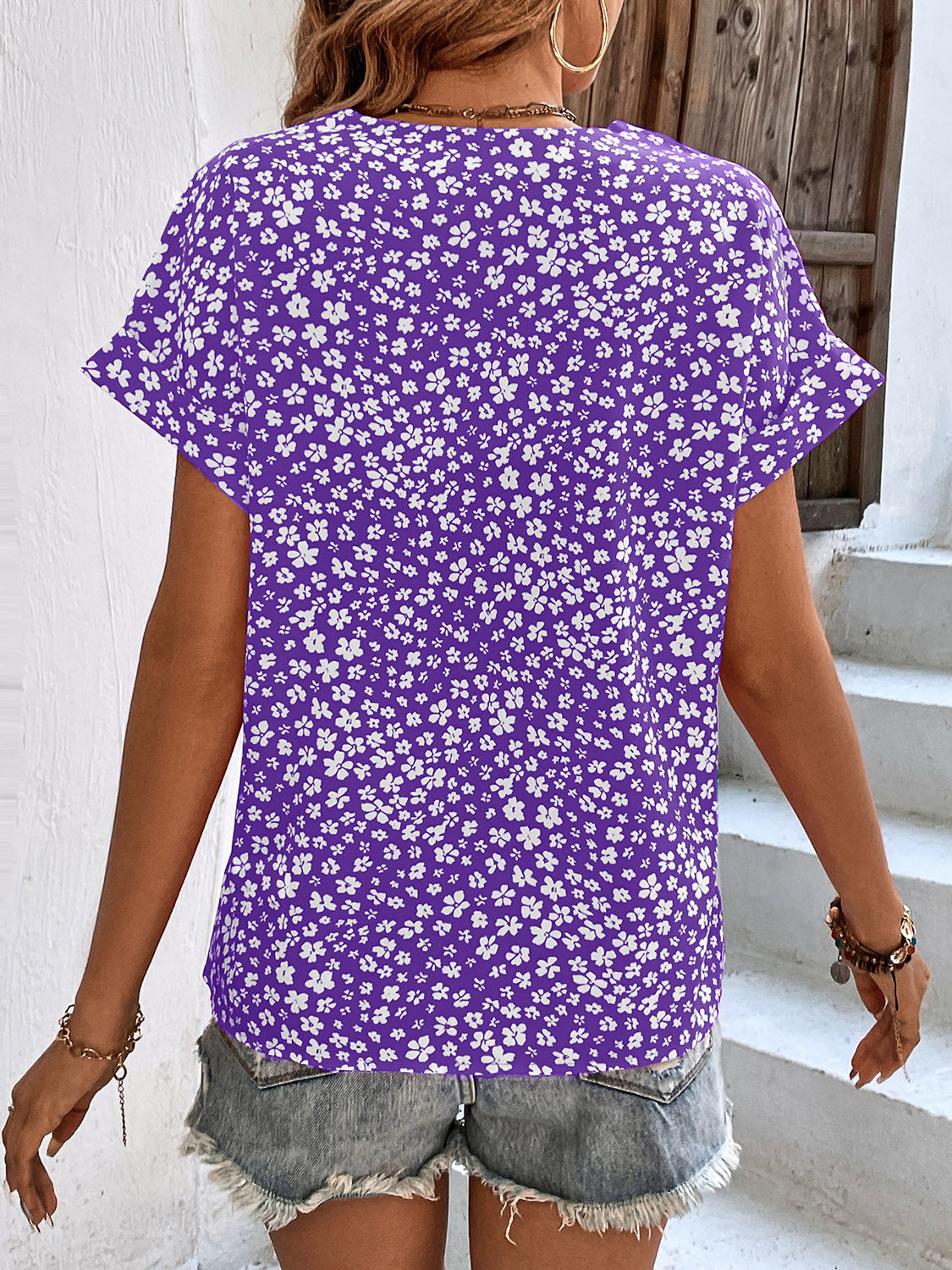 Printed V-Neck Short Sleeve Blouse with Buttoned.