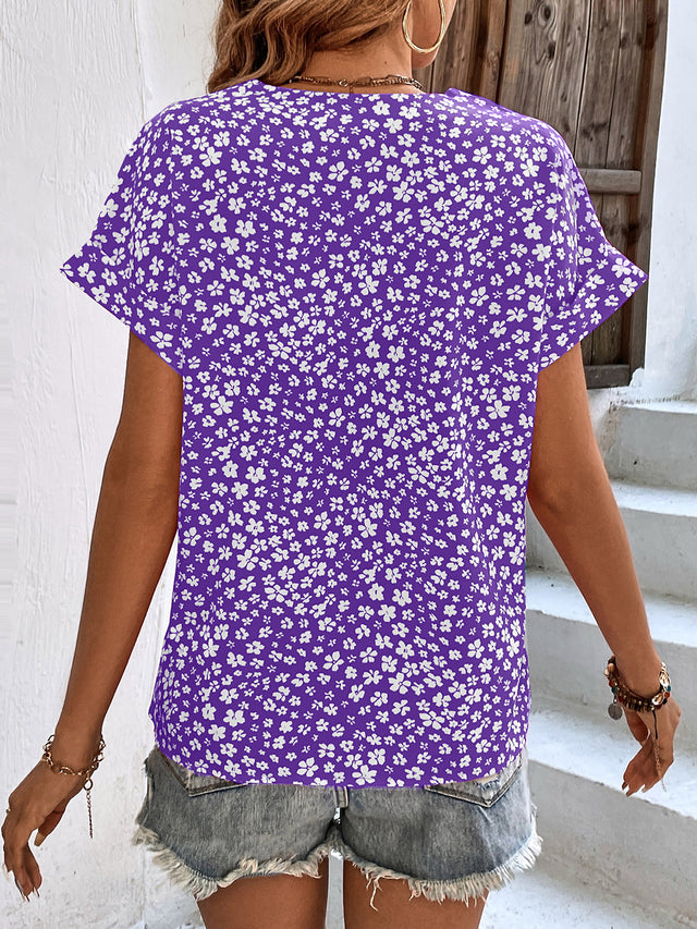 Printed V-Neck Short Sleeve Blouse with Buttoned.