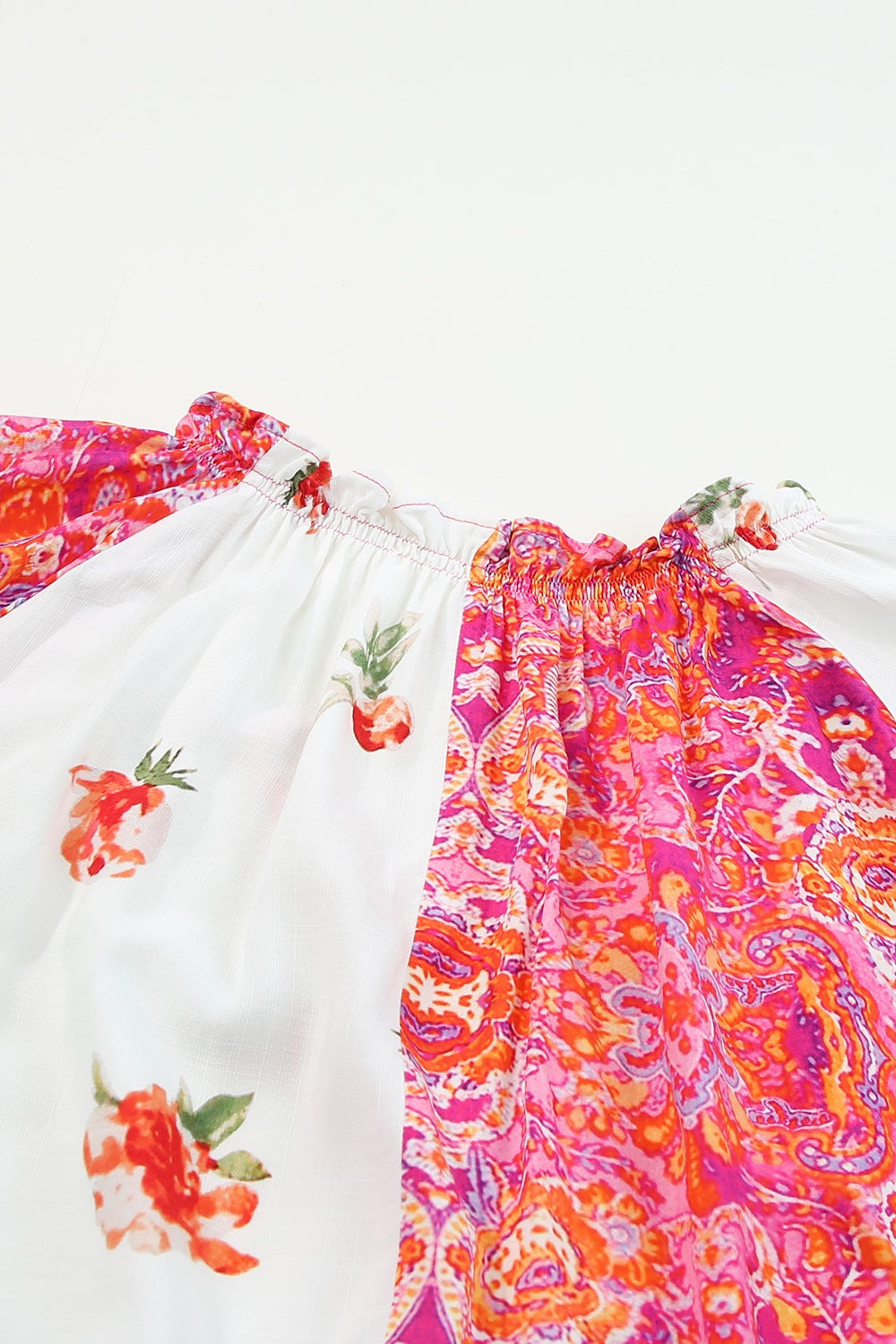 Printed V-Neck Short Sleeve Blouse with Buttoned.