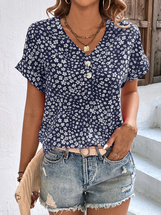 Printed V-Neck Short Sleeve Blouse with Buttoned.